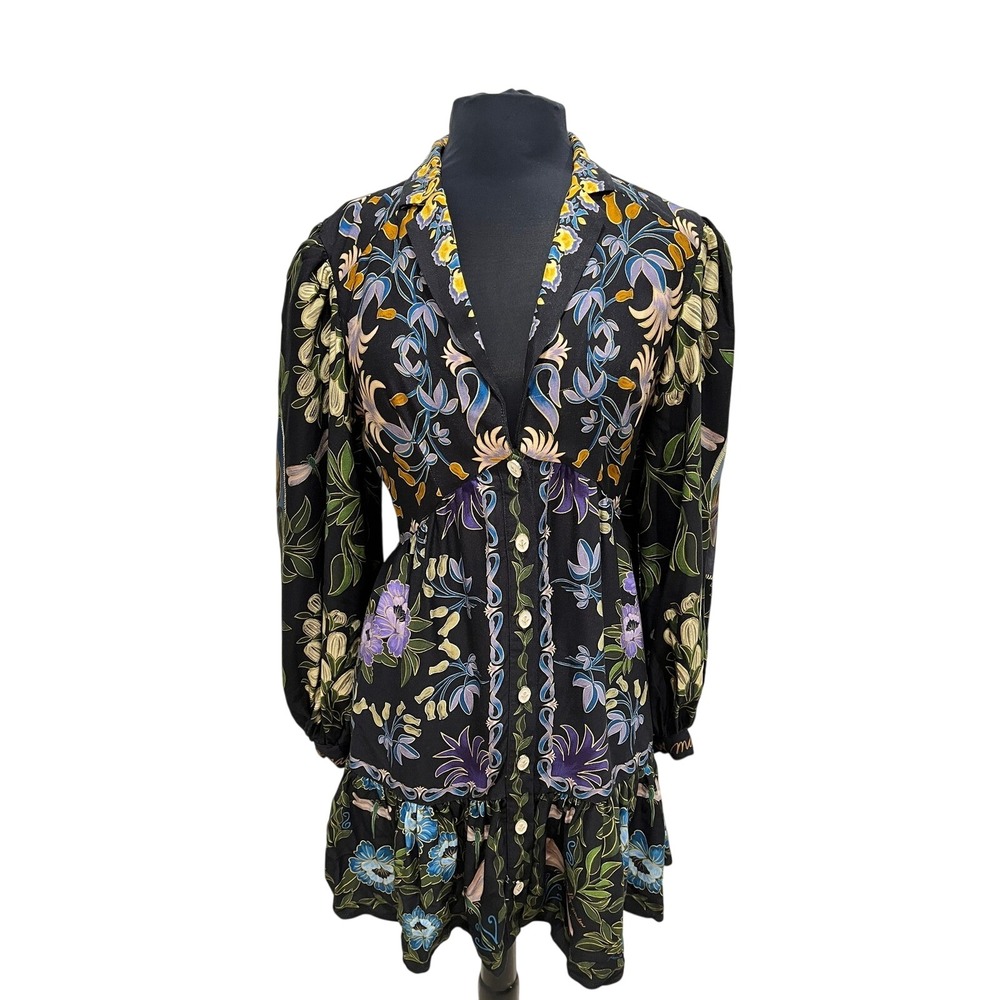Farm Rio Black Botanical Bird‎ Print Mini Dress Long Puff Sleeve Button Front S